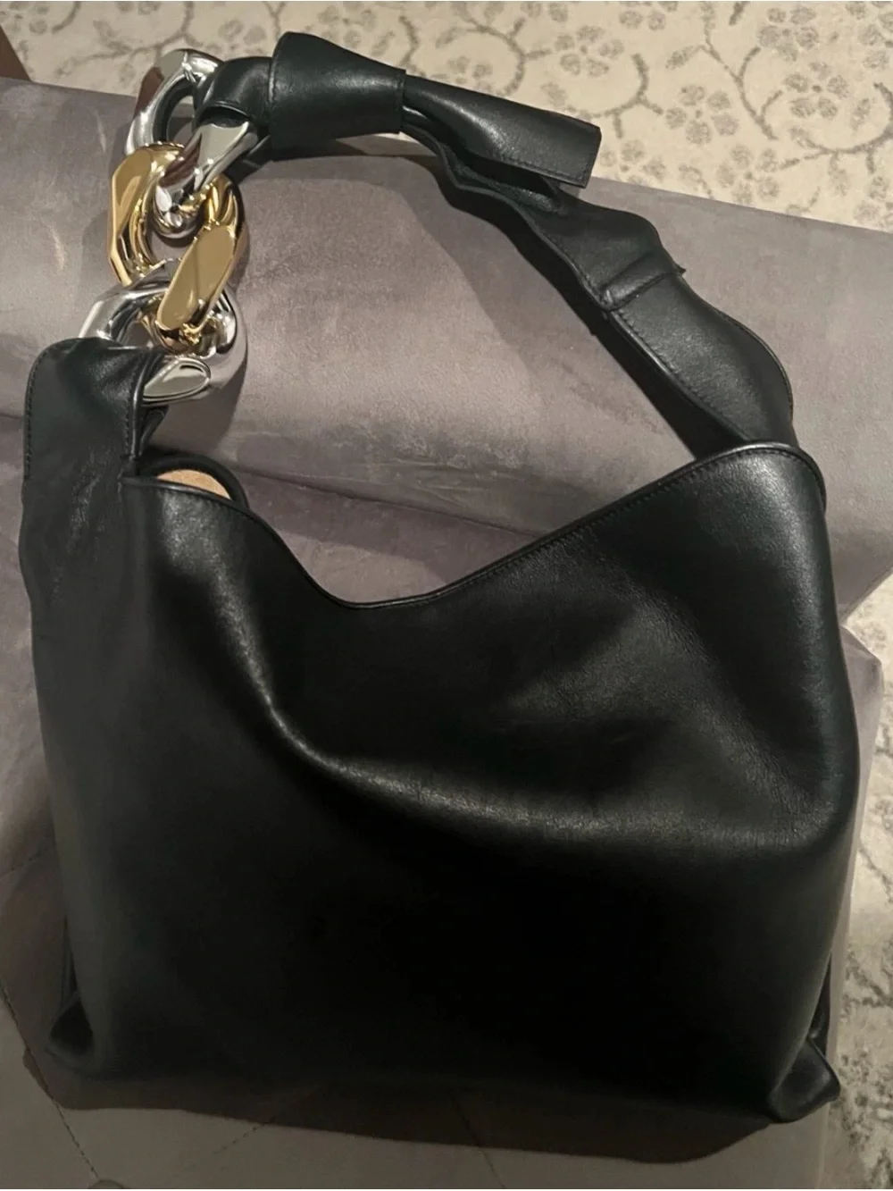 JW ANDERSON Black Shoulder Bag with Gold & Silver Chain Links